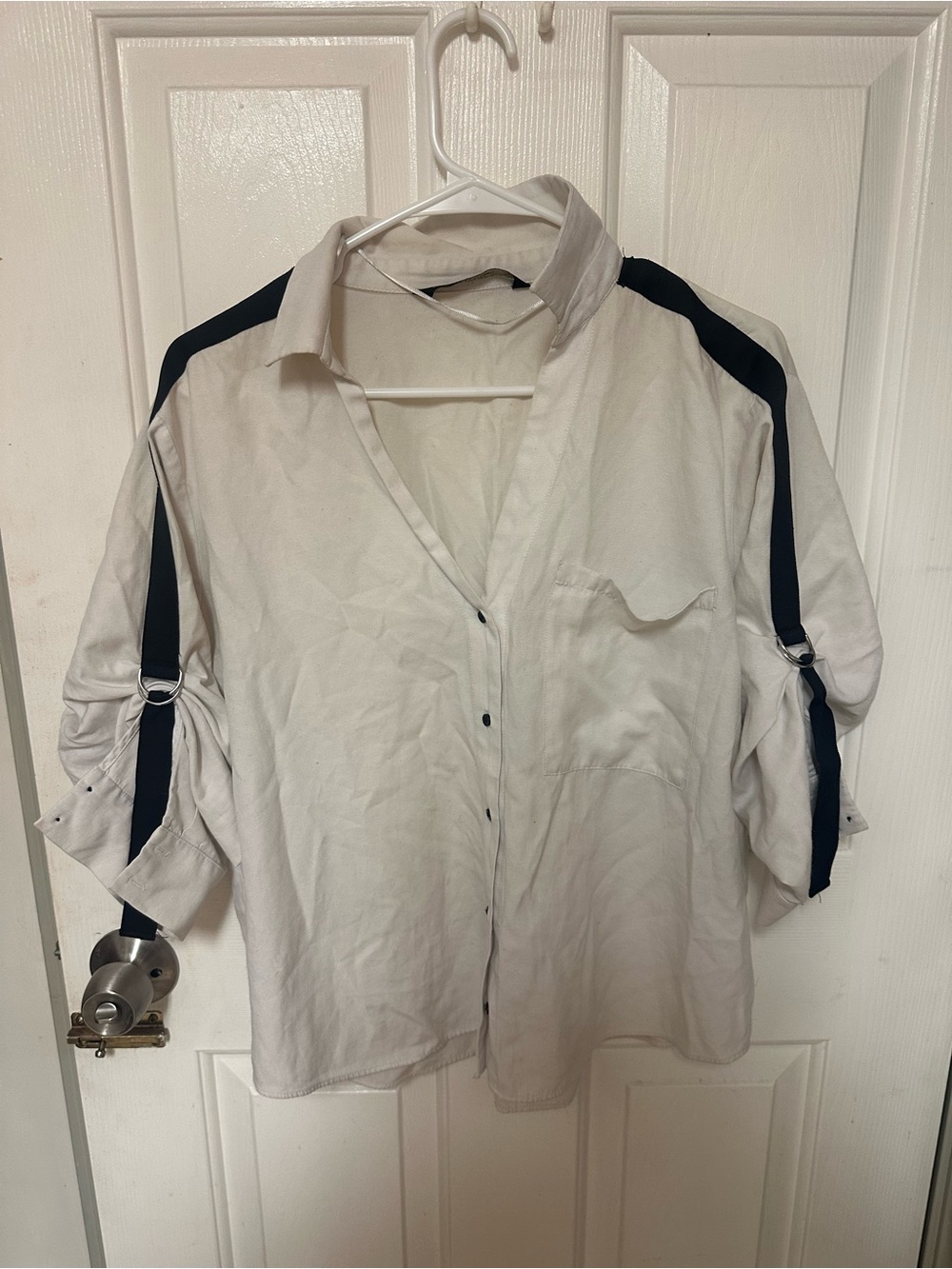ZARA White and Black Knit Collar Oversize Shirt Top - Medium